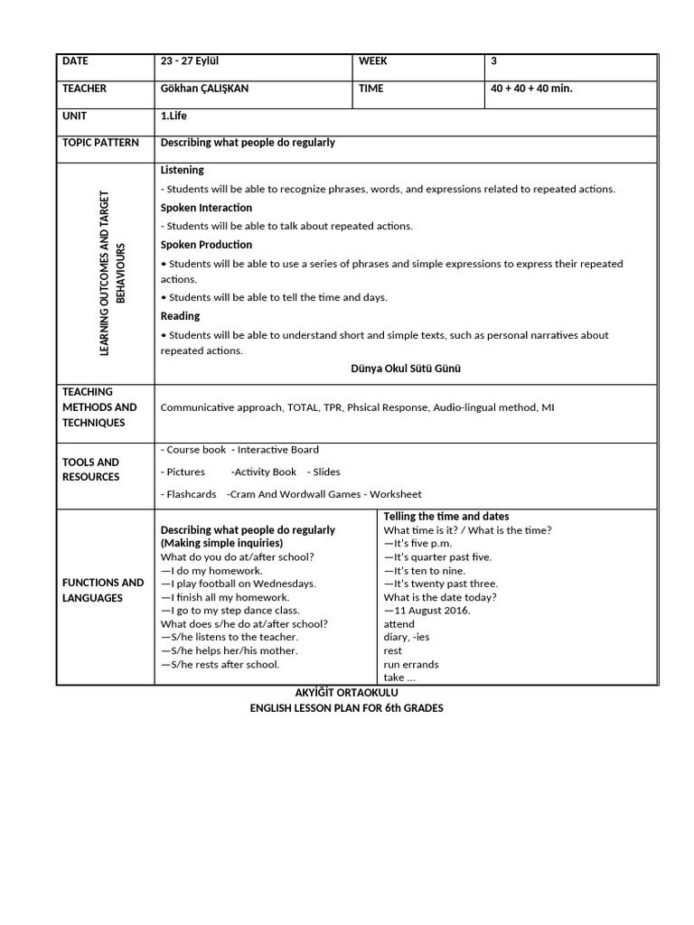 6th Grade English Lesson Plan: Daily Routines | PDF | Learning | Human ...