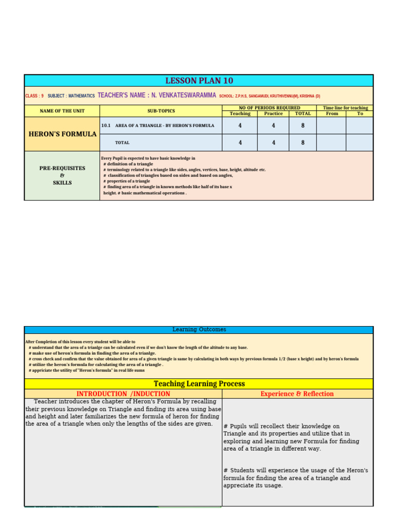 Heron's Formula Lesson Plan for Class 9 | PDF | Area | Triangle