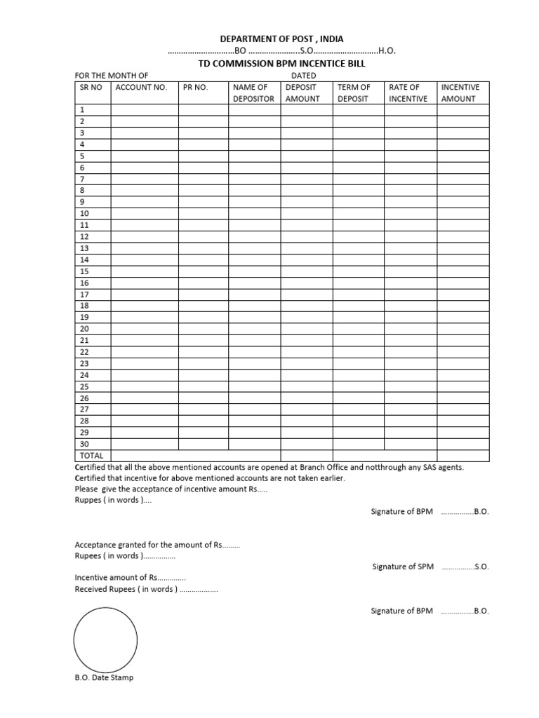 TD Commission BPM Incentive Bill Form | PDF