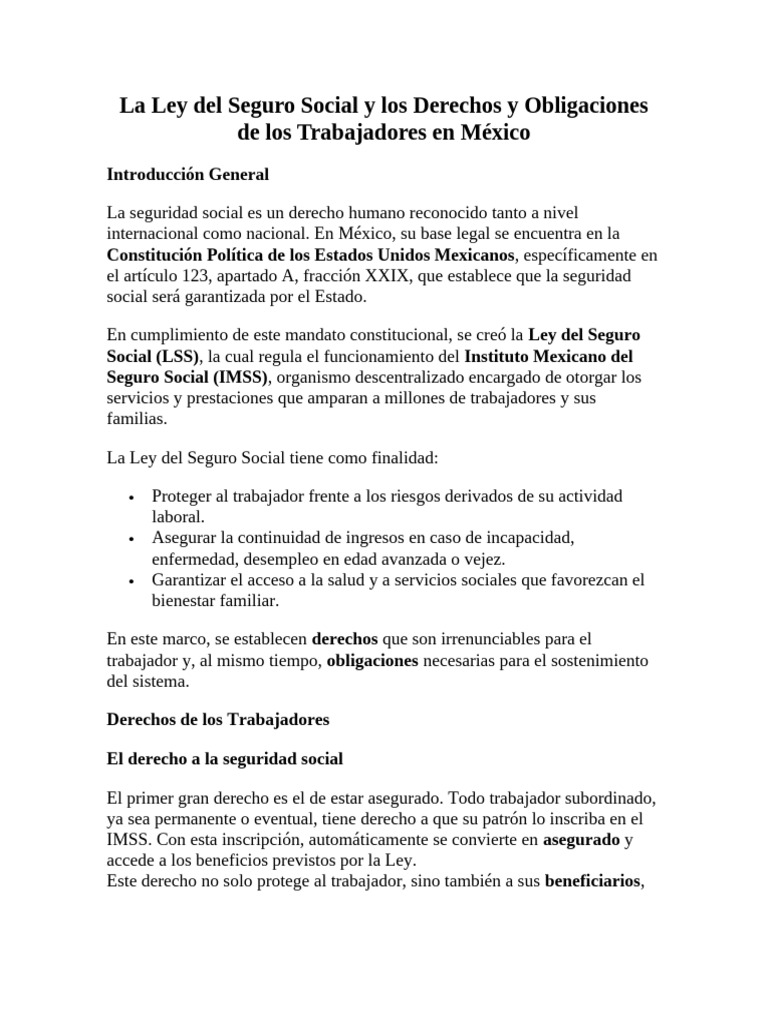 La Ley Del Seguro Social y Los Derechos y Obligaciones de Los