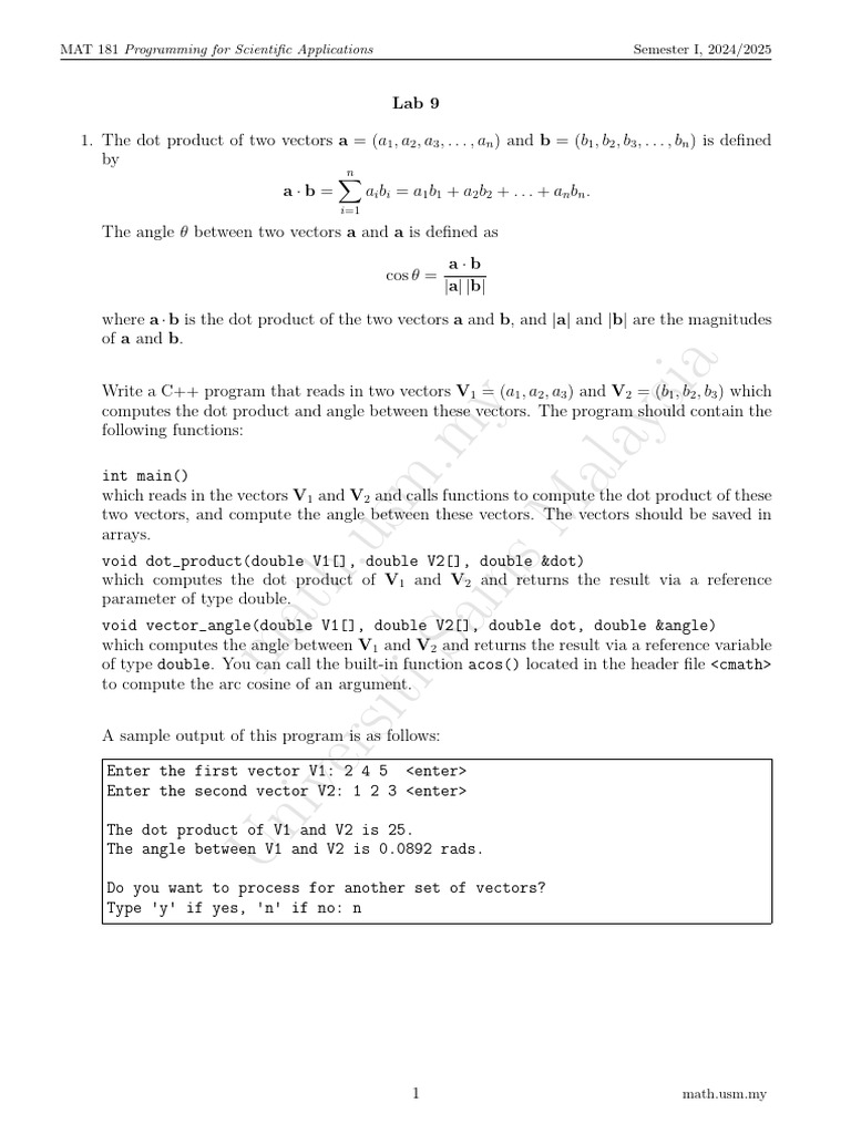 MAT 181 Lab 9: Vector Operations in C++ | PDF | Integer (Computer ...