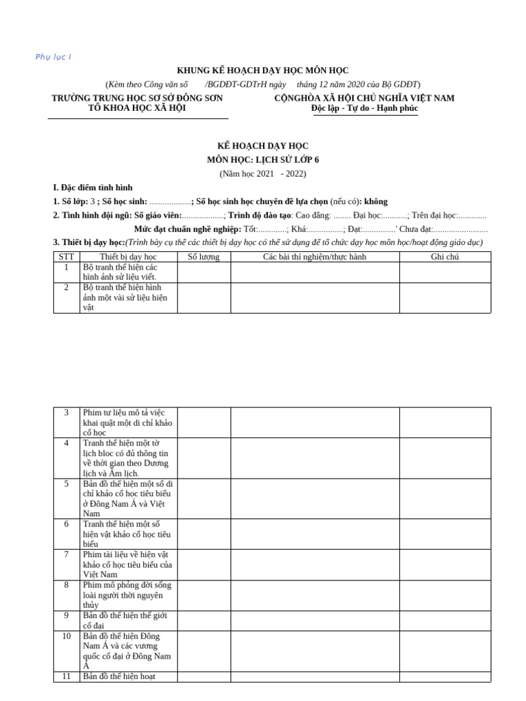 Phu Luc 1 Khung Ke Hoach Day Hoc Mon Học Clean | PDF