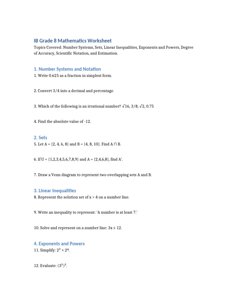 Grade 8 IB Math Worksheet Overview | PDF
