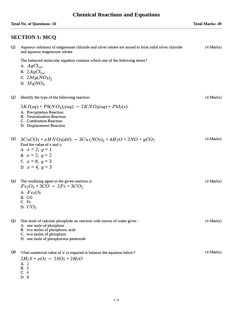 Chemical Reactions and Equations: Section 1: MCQ | PDF | Chemical ...
