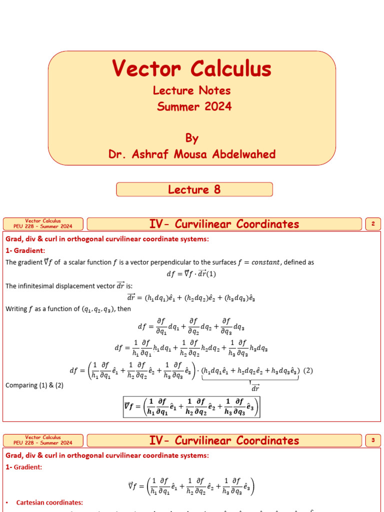 Vector Calculus PEU 228 Lecture 8 Summer 2024 | PDF | Coordinate System ...