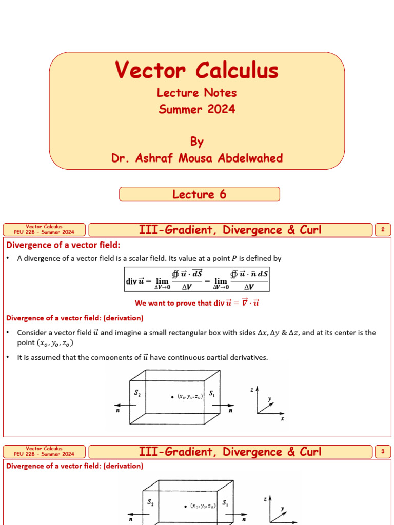Vector Calculus PEU 228 Lecture 6 Summer 2024 | PDF | Divergence ...