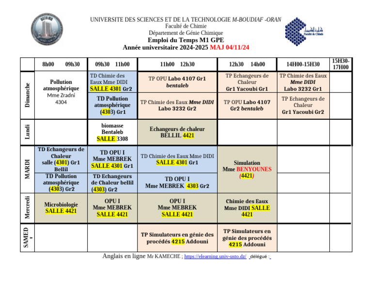 Emploi du Temps M1 GPE 2024-2025 | PDF | Chimie | Sciences physiques