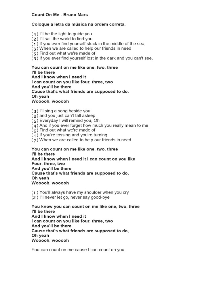 Count On Me Lyrics Order Activity | PDF