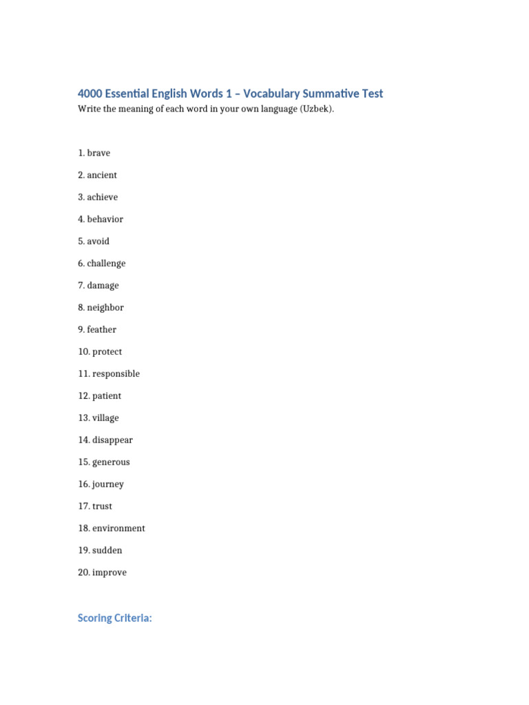 Essential Words 1 Vocabulary Summative Test | PDF