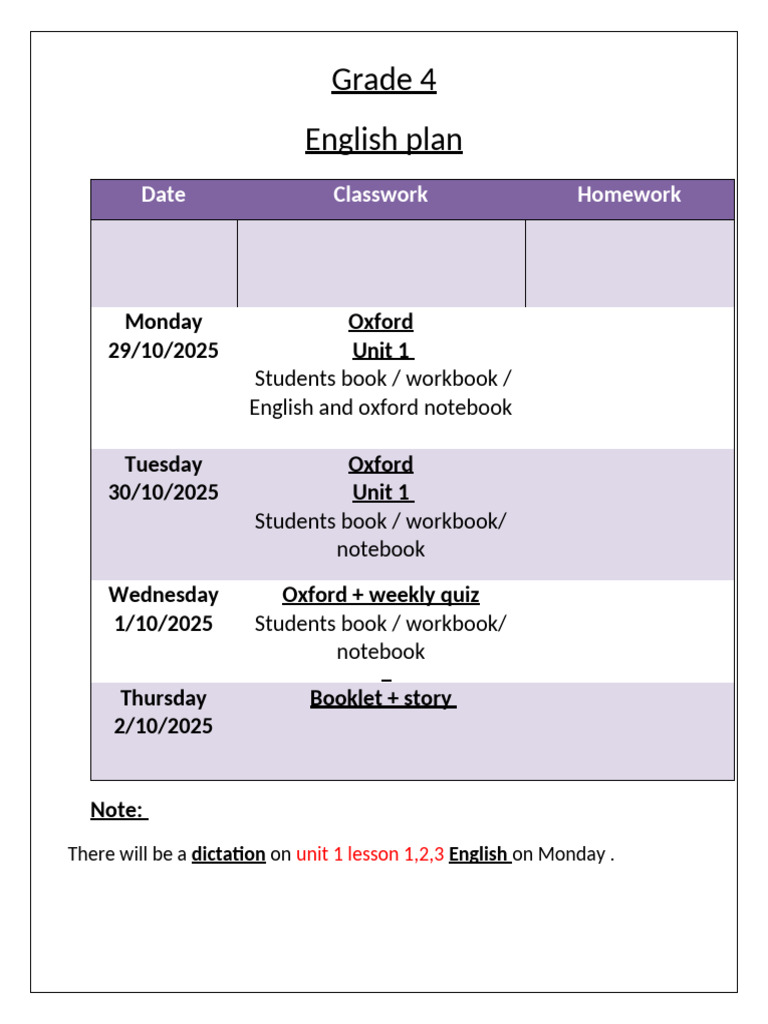 Grade 4 English Weekly Plan | PDF