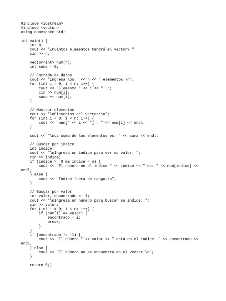 Suma y búsqueda en vectores en C++ | PDF