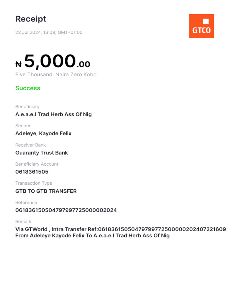 GTB Transfer Receipt - ₦5,000 Transaction | PDF