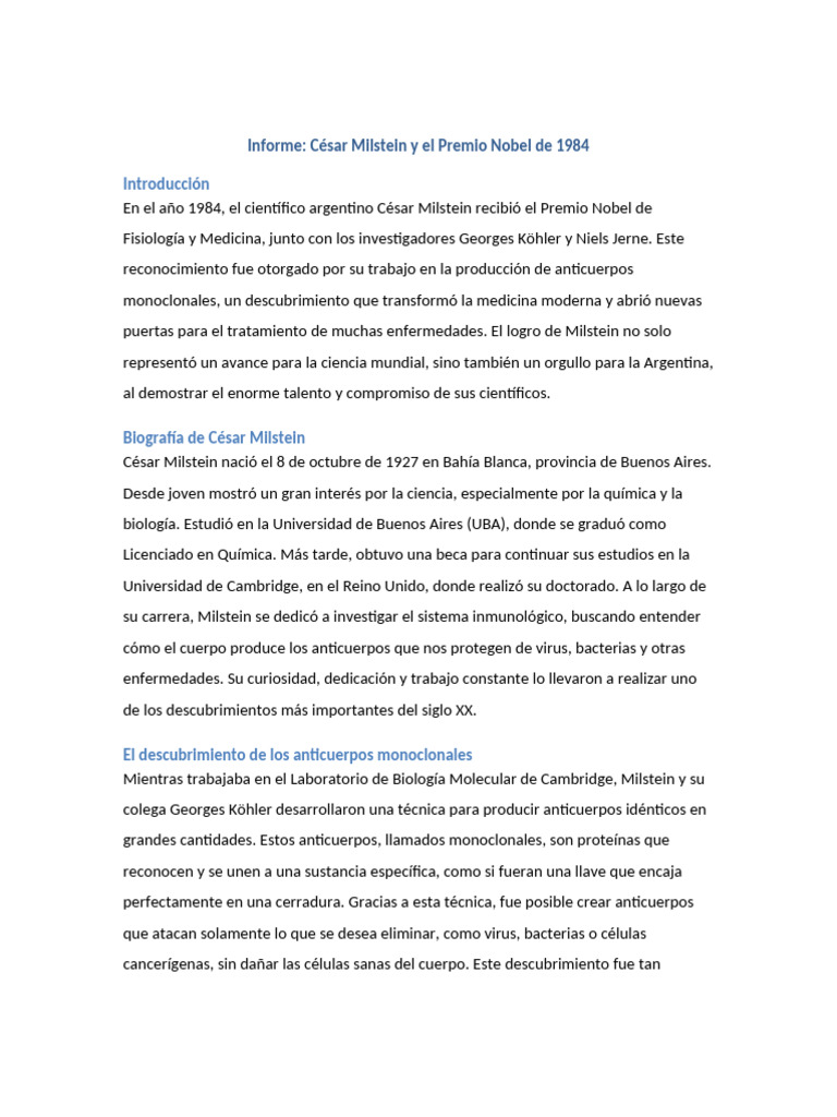 César Milstein: Nobel y Anticuerpos Monoclonales | PDF | Anticuerpo ...