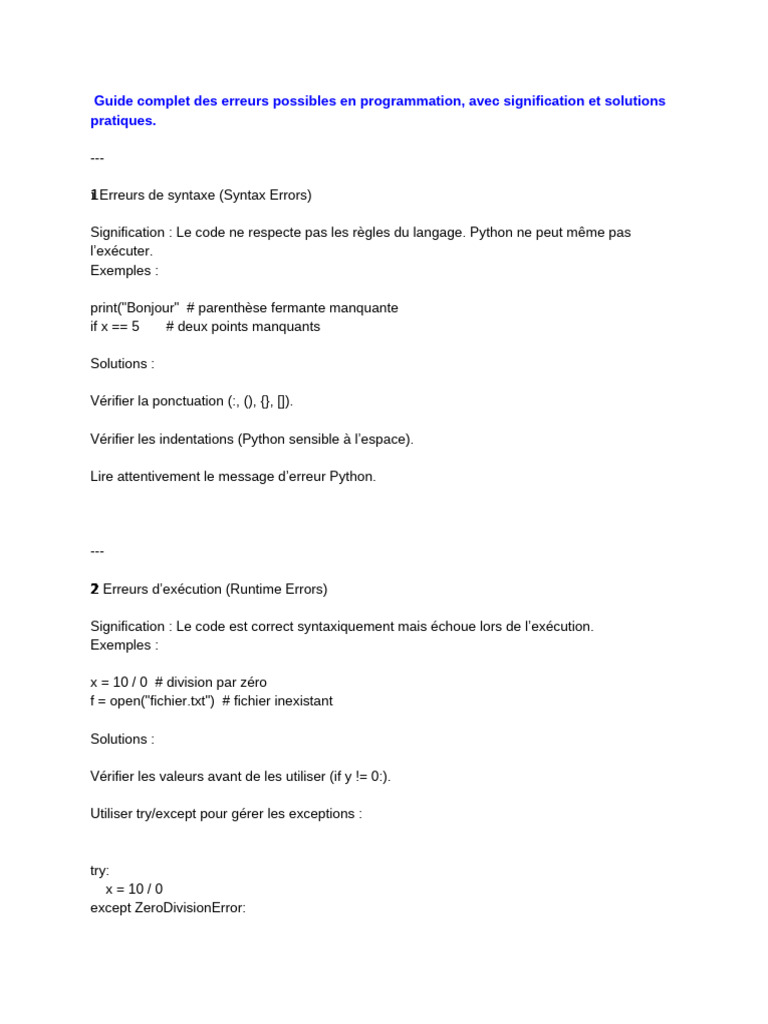Erreurs de programmation : guide et solutions | PDF | Python (Langage ...