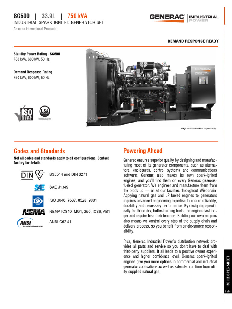 Demand Response Ready Standby Power Rating - SG600: 750 kVA, 600 KW, 50 ...