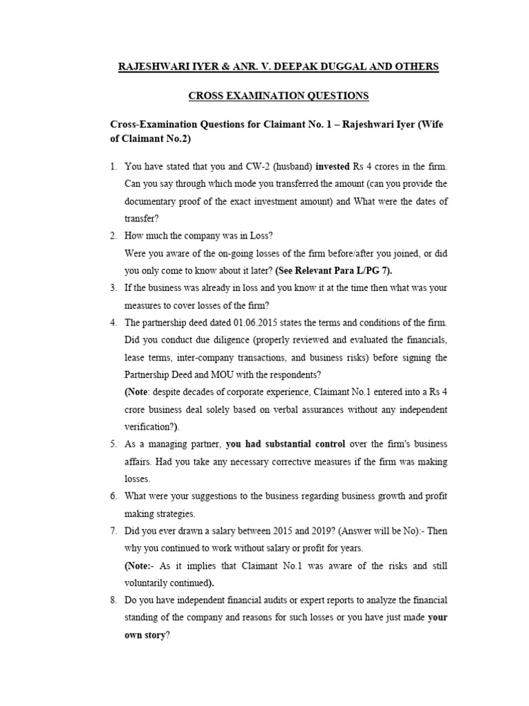 Cross-Examination Questions for Claimants | PDF | Partnership | Business
