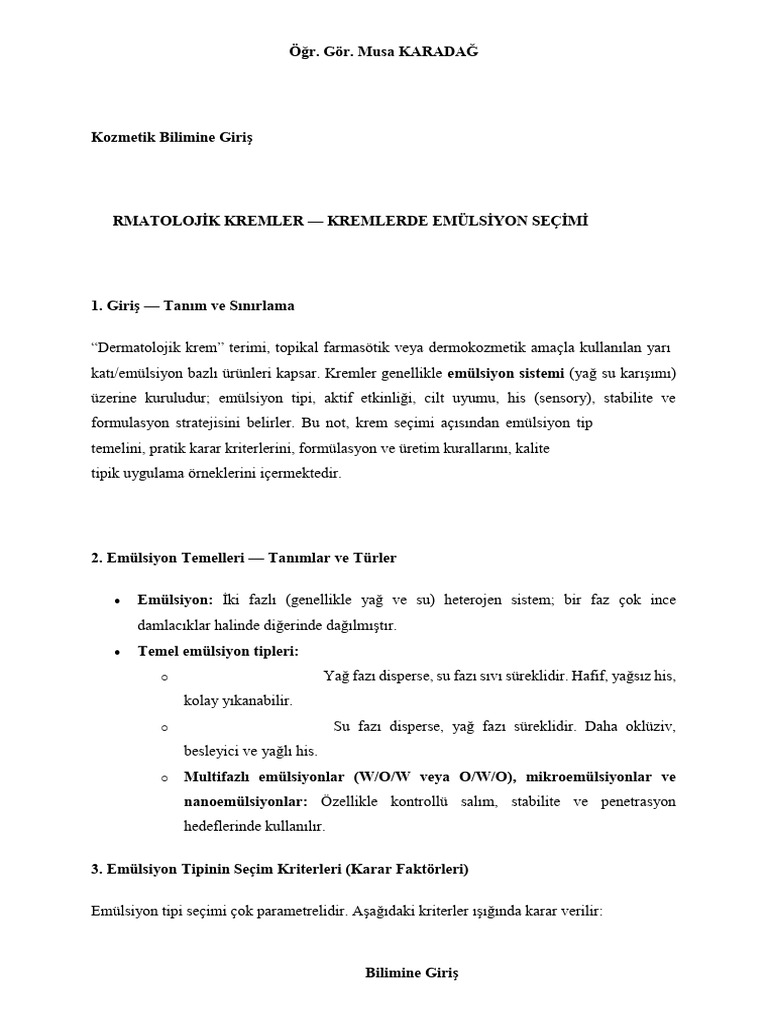 Dermatolojik Kremler. Kremlerde Emülsiyon Seçimi | PDF
