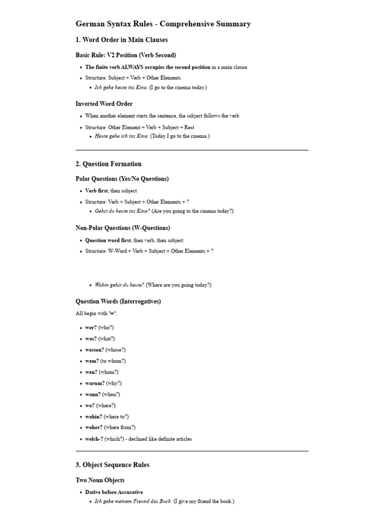 German Syntax Rules Summary | PDF