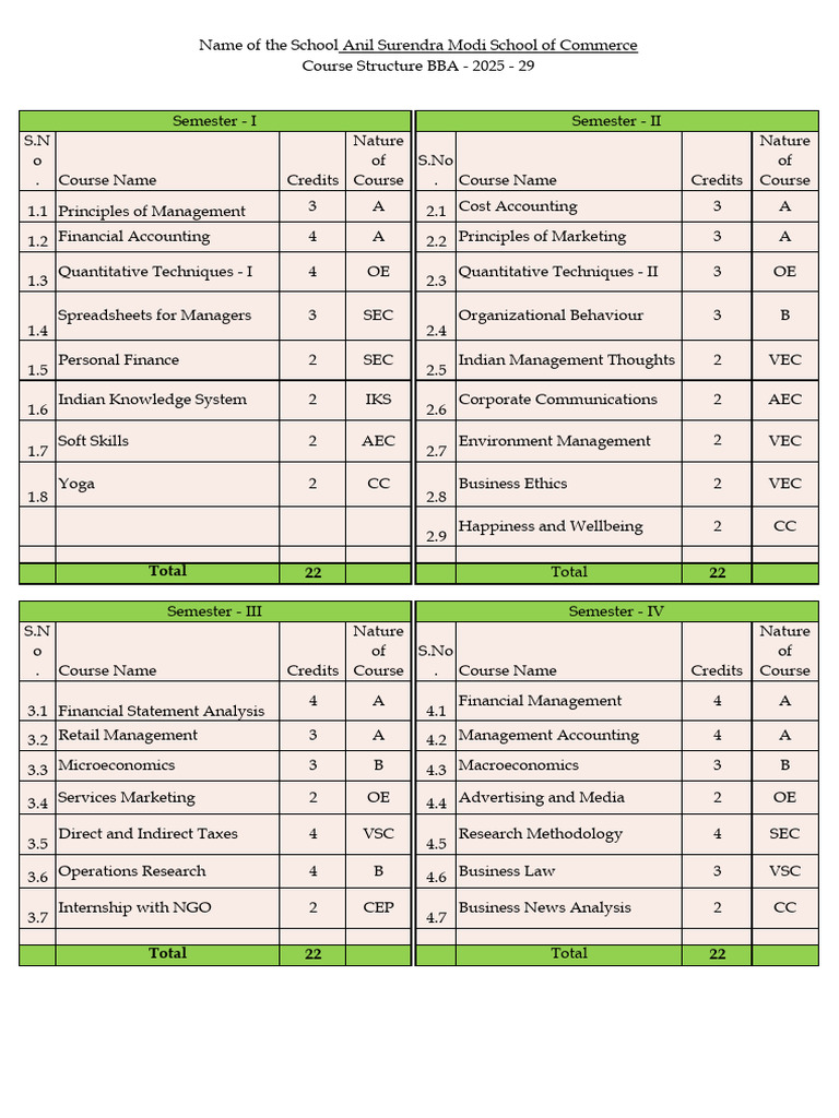 BBA Course Structure Batch 2025 29 | PDF | Business | Economies
