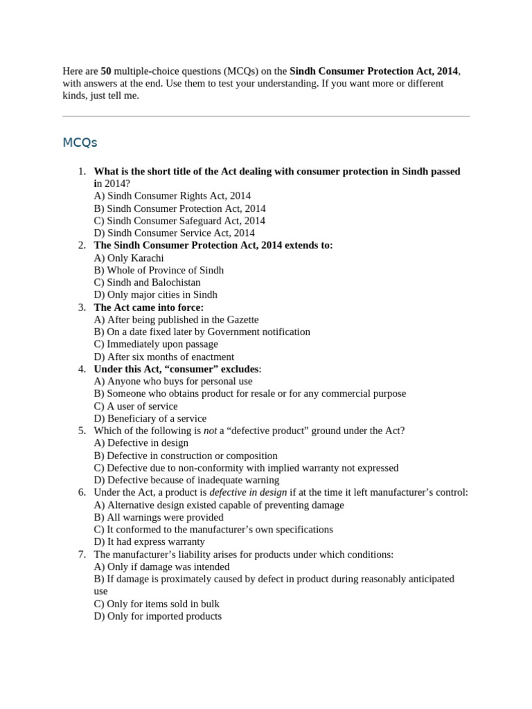 Sindh Consumer Protection Act MCQs | PDF | Vexatious Litigation | Justice