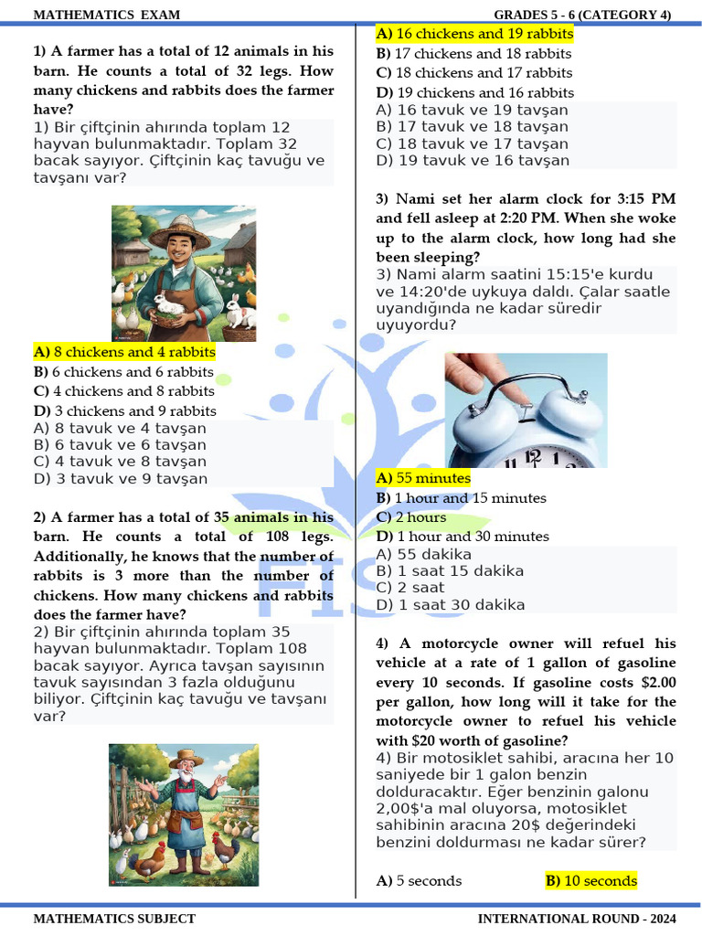 INTERNATIONAL ROUND MATHEMATICS Category 4 (Grades 5 - 6) - WITH ANSWER ...
