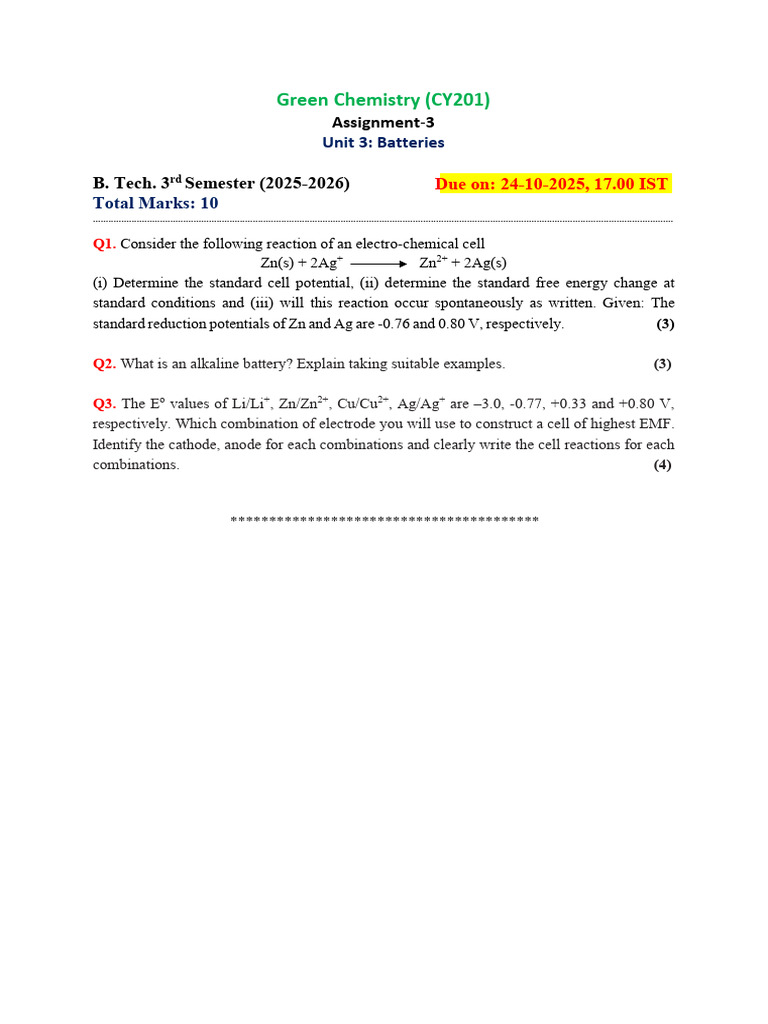 Green Chemistry: Battery Assignment Guide | PDF