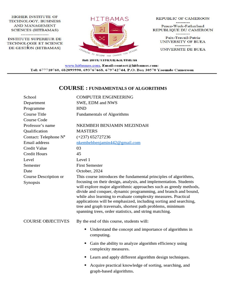 Fundamentals of Algorithms Course Guide | PDF | Computer Science ...