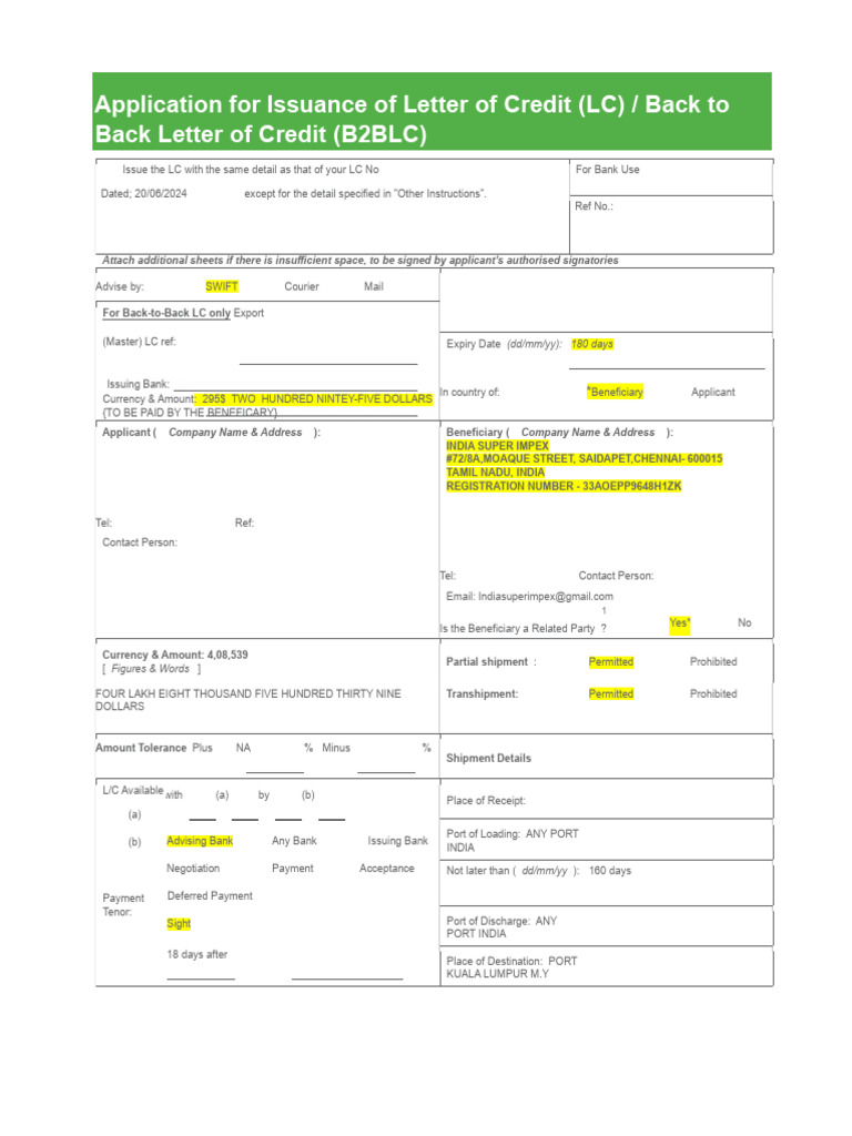Letter of Credit Application Form | PDF | Bill Of Lading | Letter Of Credit