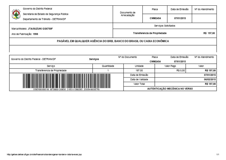 Documento de Arrecadação DETRAN/DF | PDF