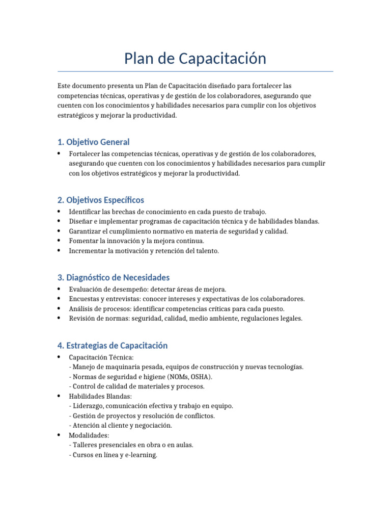 Plan de Capacitación para Colaboradores | PDF | Gestión de recursos ...