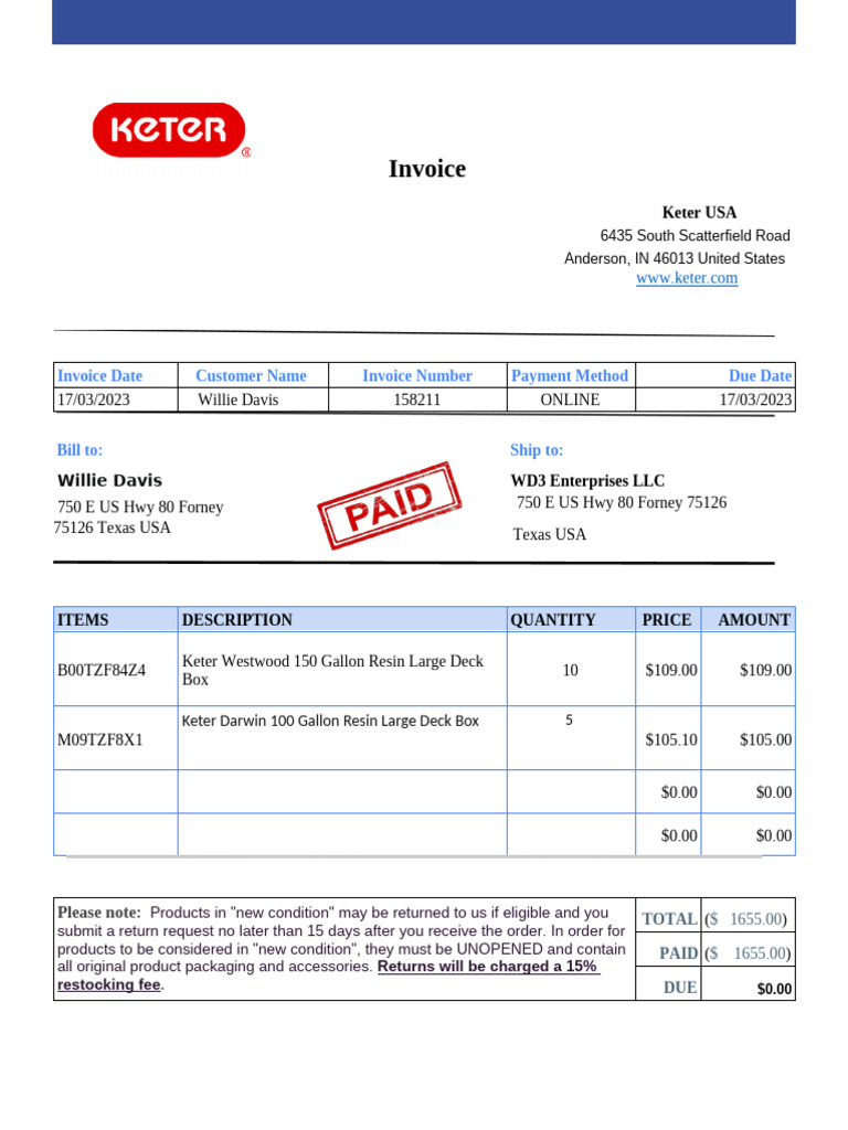 Keter USA Invoice for Willie Davis | PDF