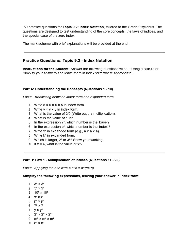 Grade 9 Index Notation Practice Questions | PDF | Volume | Mathematics