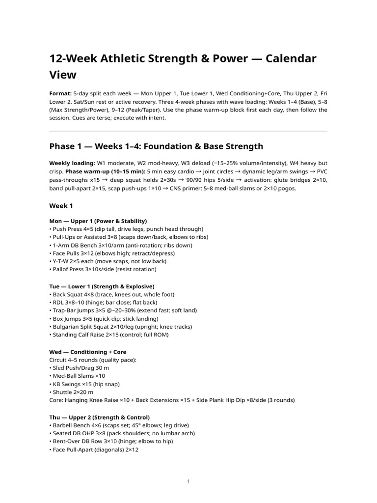 12-Week Athletic Strength Power Calendar View | PDF | Musculoskeletal ...