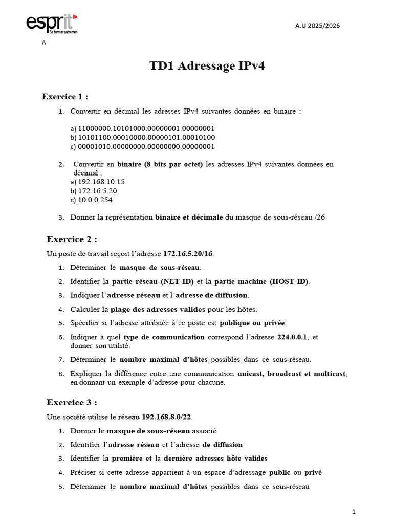 Exercices sur l'adressage IPv4 et sous-réseaux | PDF | Adresse IP ...