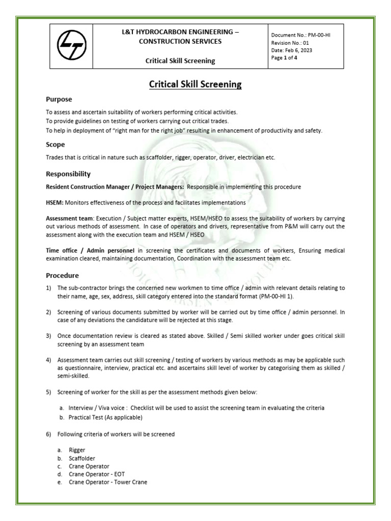 Critical Skill Screening for Construction Workers | PDF
