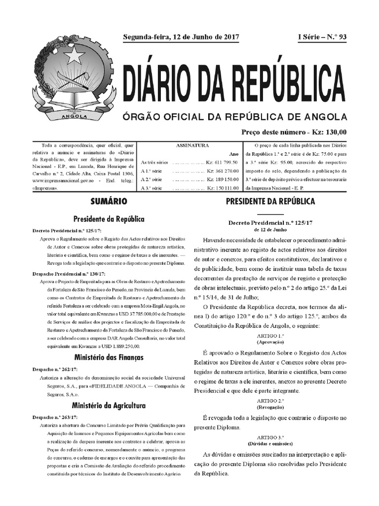 Decreto Presidencial N o 125 17 de 12 de Junho Presidente Da Republica ...
