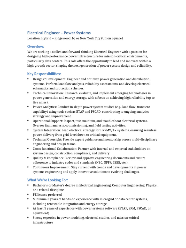Electrical Engineer for Power Systems | PDF | Reliability Engineering ...
