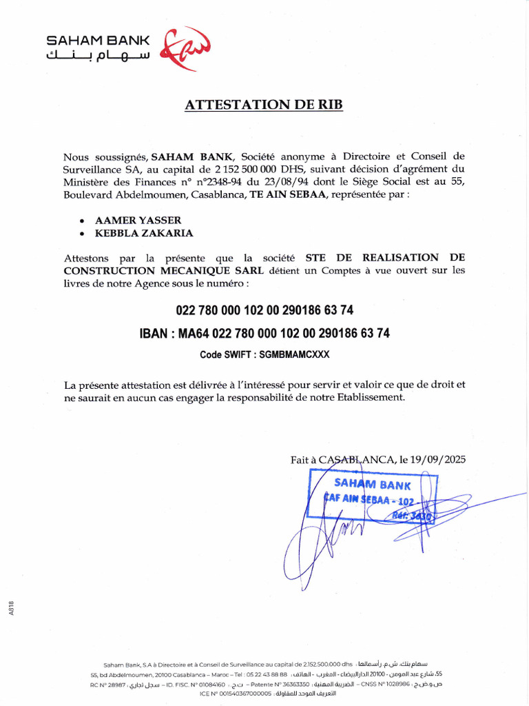 Attestation de RIB - SAHAM BANK | PDF
