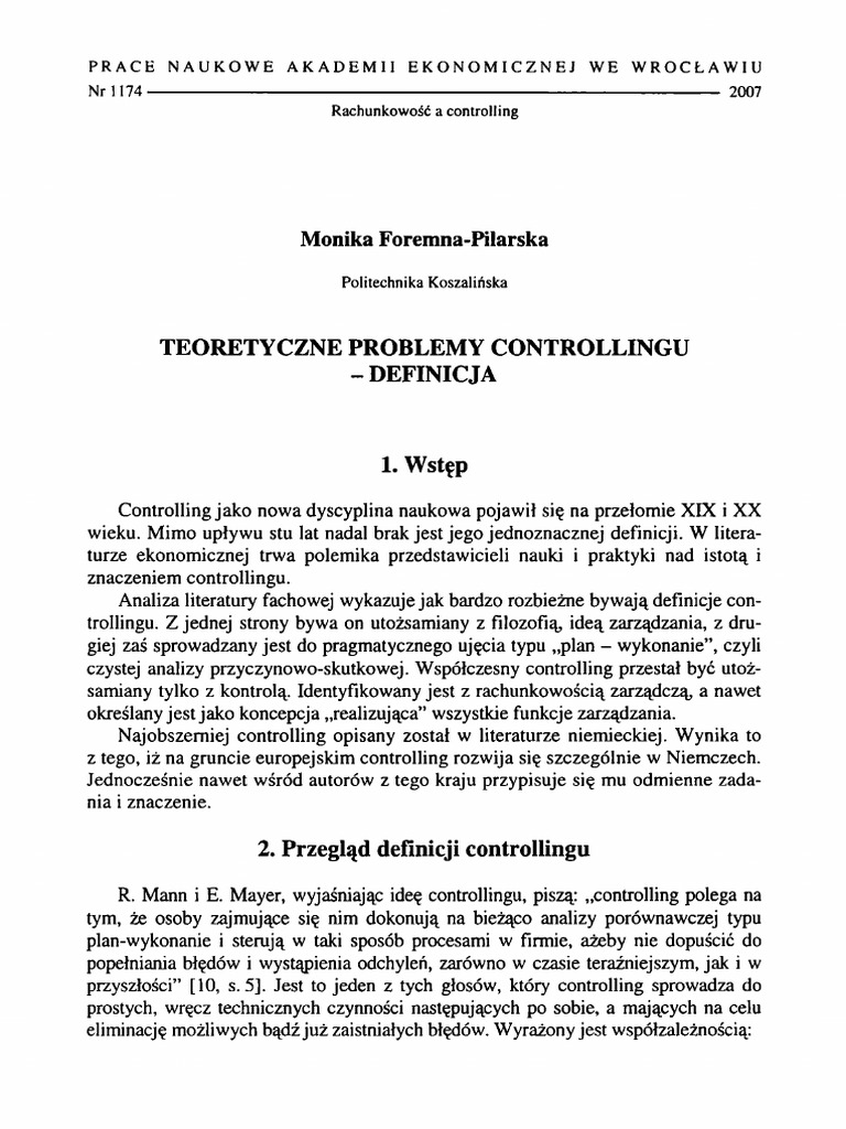 Teoretyczne Problemy Controllingu - Definicja | PDF