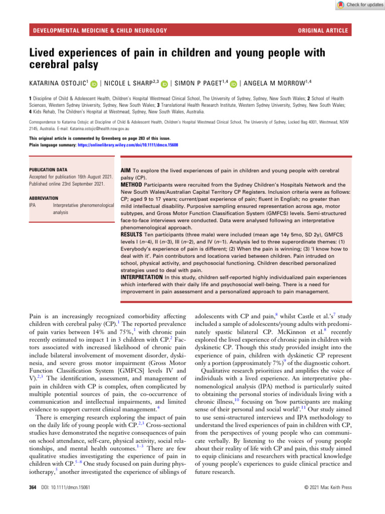 2021 - Ostojic - Lived Experiences of Pain in Children and Young People ...