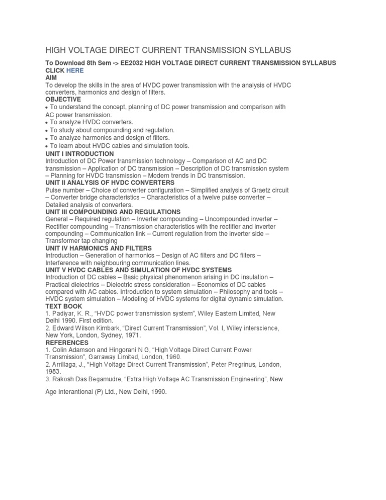 HVDC Transmission Course Syllabus | PDF | High Voltage Direct Current ...