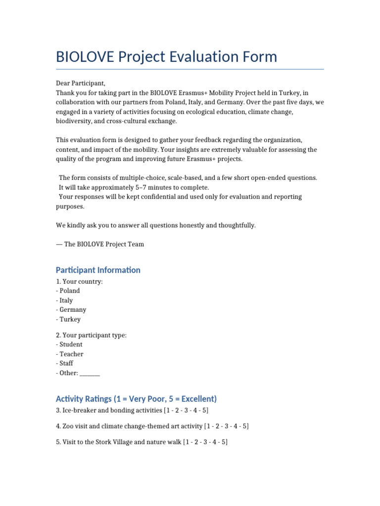 BIOLOVE Project Feedback Evaluation Form | PDF | Biodiversity | Natural ...