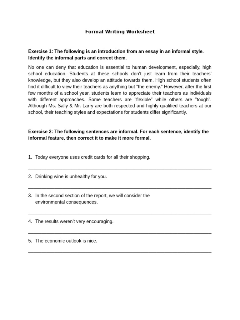 Formal Writing Improvement Worksheet | PDF