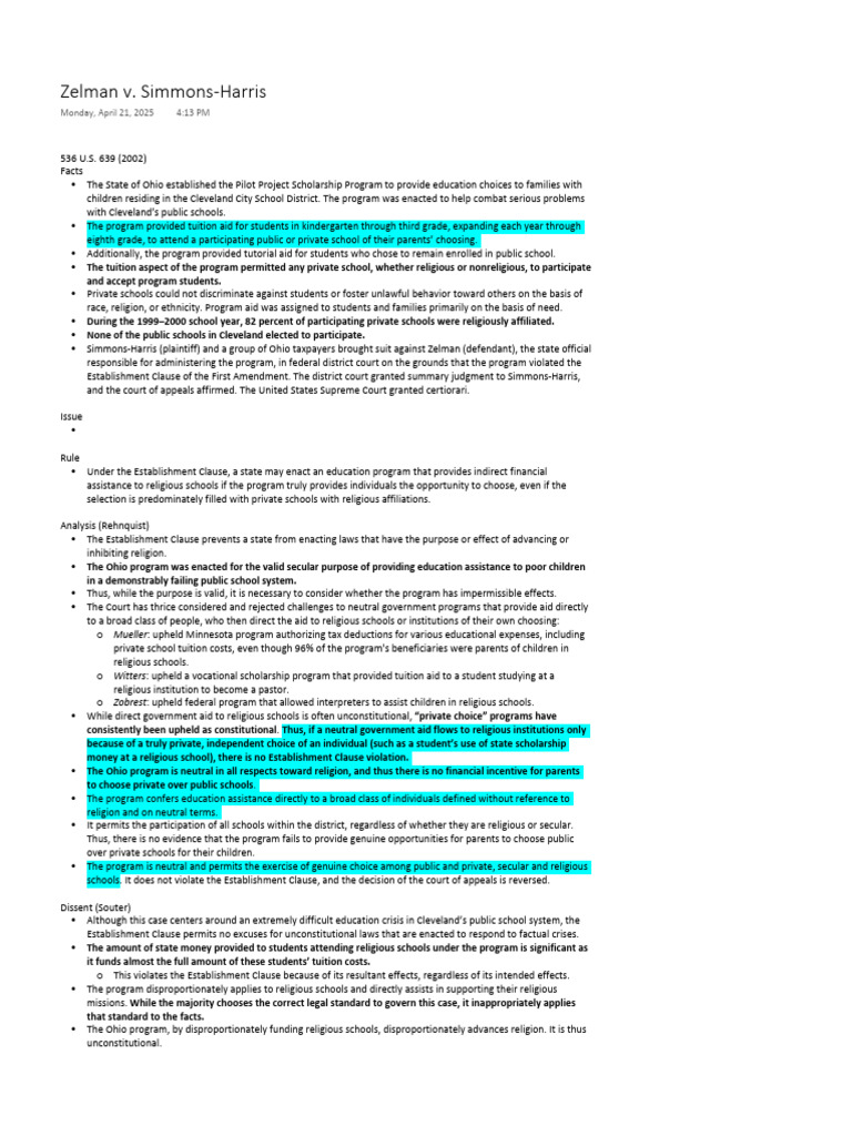 Zelman v. Simmons-Harris Overview | PDF | United States Supreme Court ...
