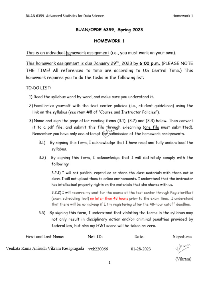 BUAN 6359 Homework 1 Instructions | PDF