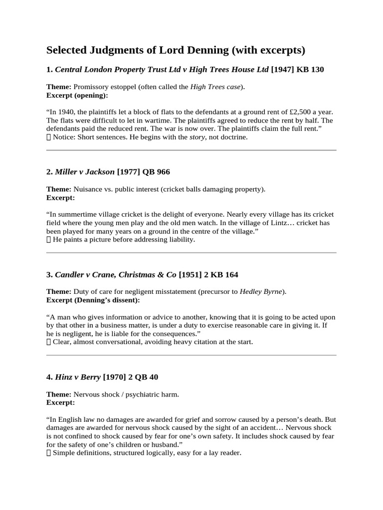 Lord Denning's Key Legal Judgments | PDF | Negligence | Legal Concepts