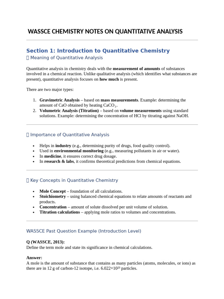WASSCE Chemistry Quantitative Analysis Notes | PDF | Mole (Unit ...
