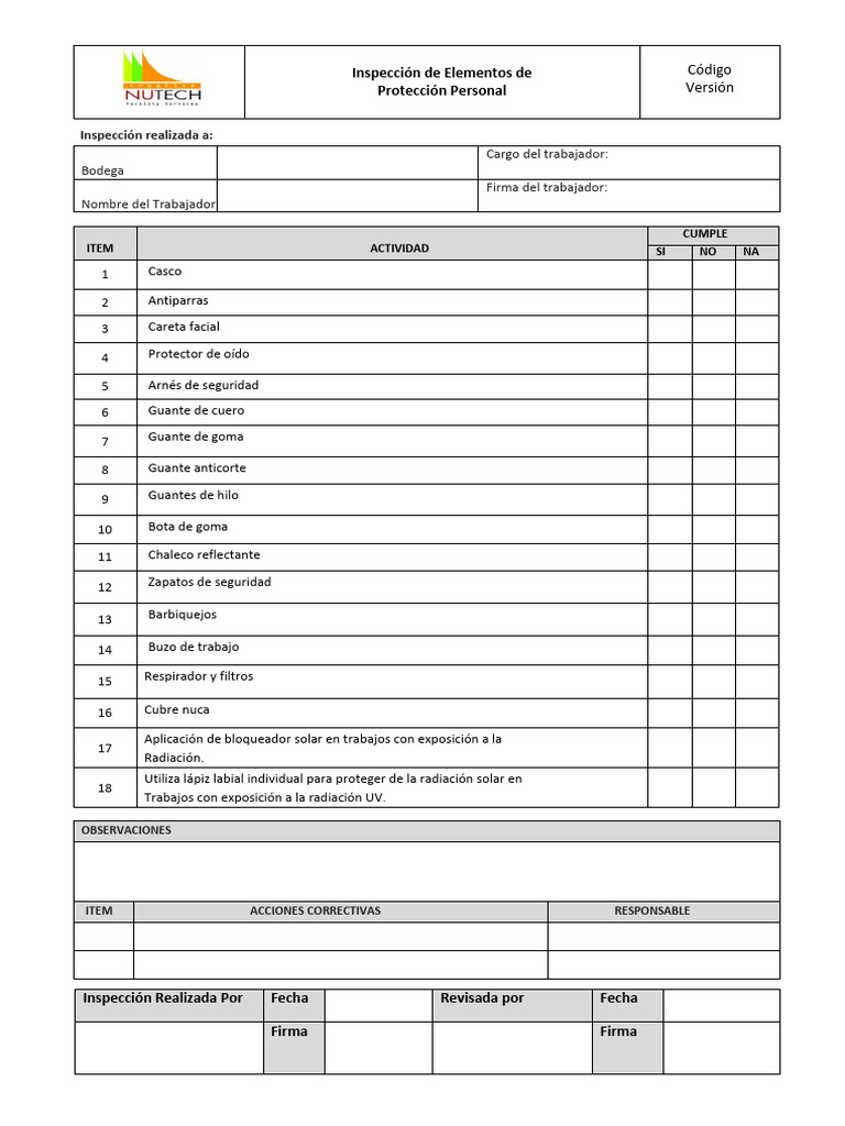 Inspección de EPP en Bodega | PDF