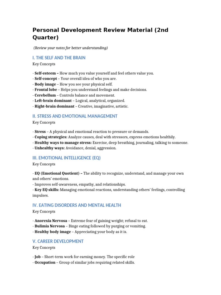 Personal Development 2nd Quarter Review Material | PDF