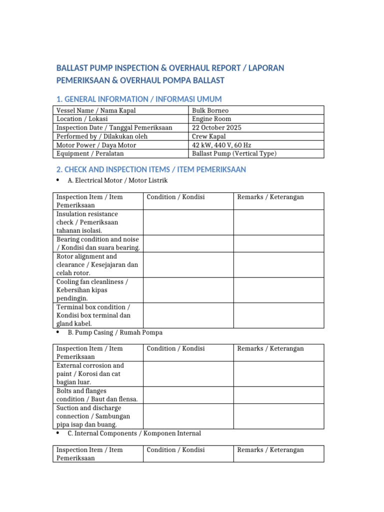 Ballast Pump Inspection Report Bulk Borneo | PDF